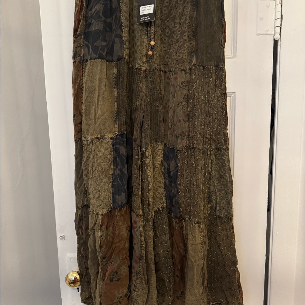 Young Threads. Patchwork Boho Wide-Leg Pants in Olive & Earth Tones - Picture 3 of 4